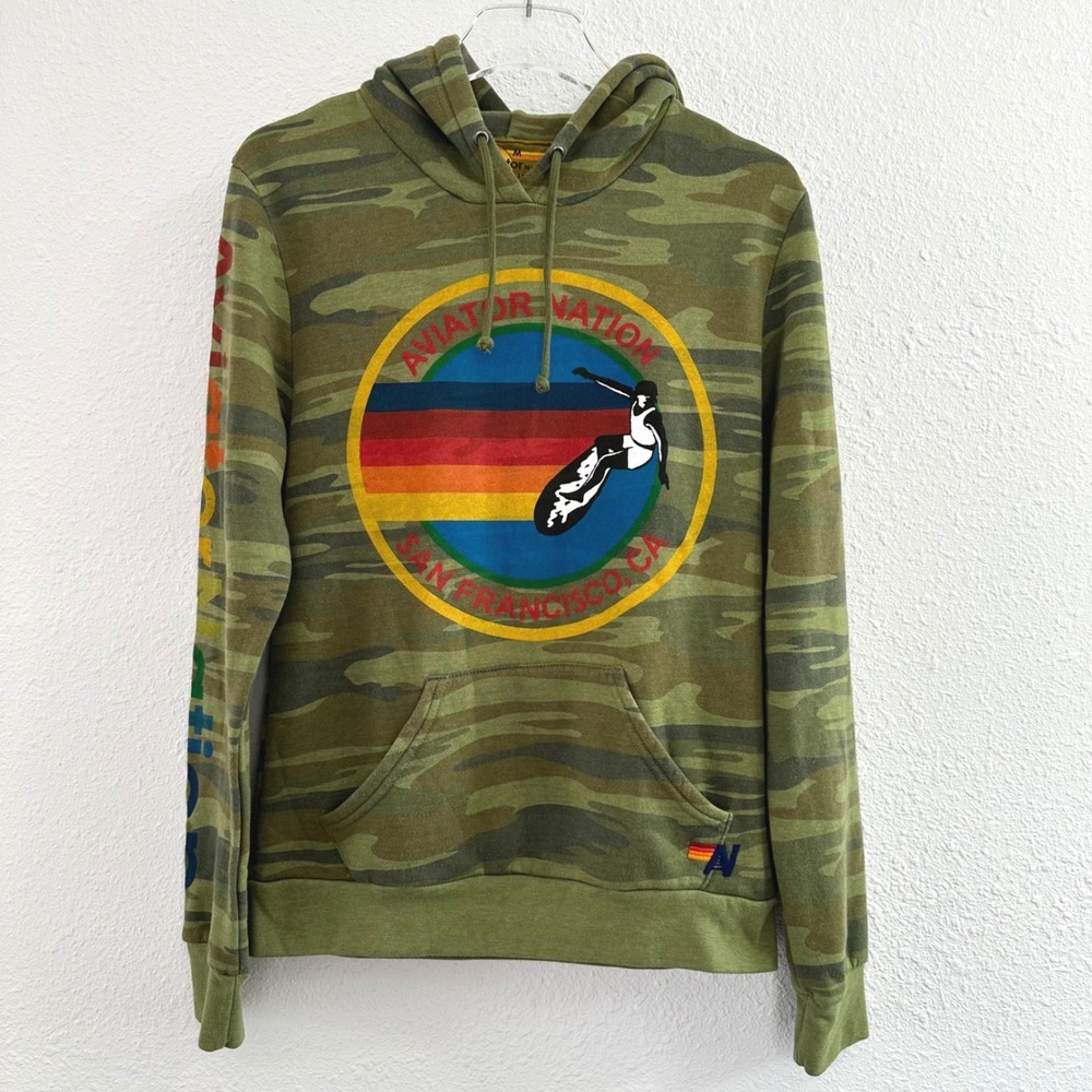 Aviator Nation San Francisco Pullover Hoodie Womens Medium Green Camo Surf